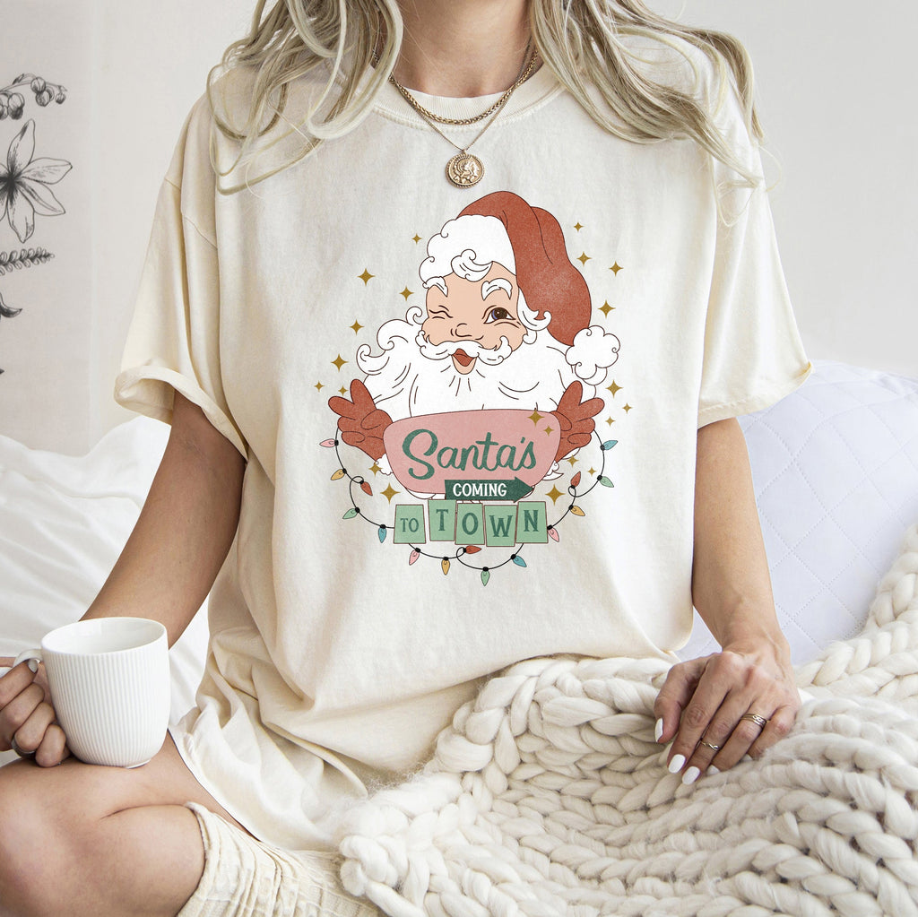 Santa Is Coming To Town Retro Christmas Vintage Holiday Cheer Comfort Colors Tee