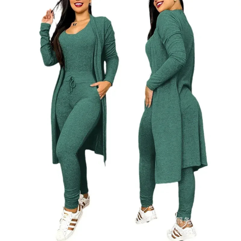 2026 Jumpsuit & Coat Set Autumn Women Drawstring Pocket Pants Sets One Piece Y2k Long Jumpsuit High Waist Coats Two Piece Sets