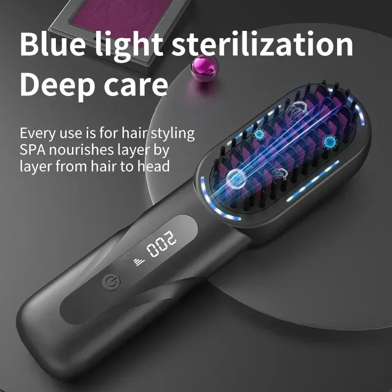 Electric LCD Usb Ceramic Heating Straight Hair Comb Wireless Portable Negative Ion Styling Tool Rechargeable Straightening Brush