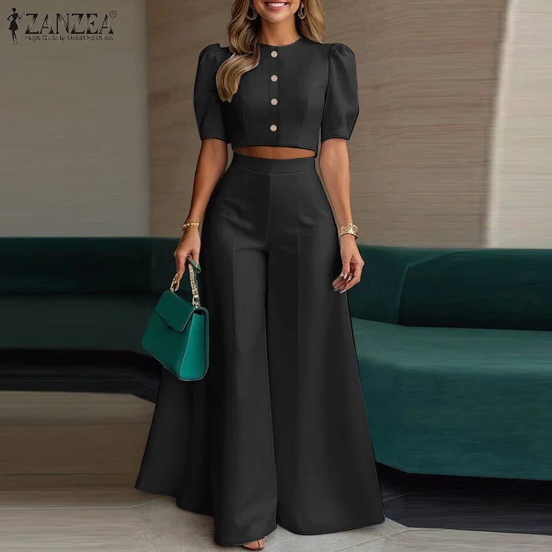 ZANZEA Plus Size 5XL Women 2-Piece Pant Sets Puff Sleeve Crop Top & Wide Leg Pant Matching Sets Elegant Chic Streetwear Co-ords