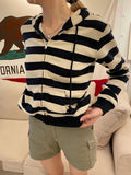 Stripes Vintage Zip-up Hoodie Woman Drawstring Hooded Long Sleeve Cotton Coat Casual Preppy Style Sweet Cute Hoodies Top Clothes
