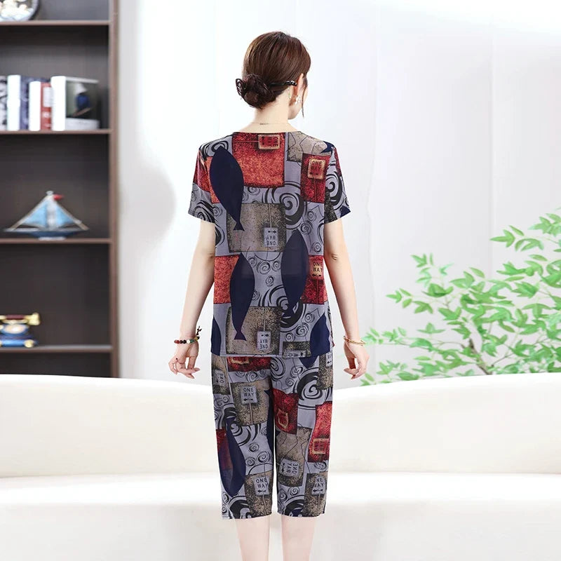 Summer Women's Ice Silk Home Set T-shirt+Pants Fashionable Multi-color Set Thin Asian Size Clothing Plus Size
