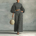Vintage Polka Dot Matching Suits Women Mock Neck Lantern Sleeve Cropped Short Blouse & Loose Pants Sets Casual Two Piece Outfits