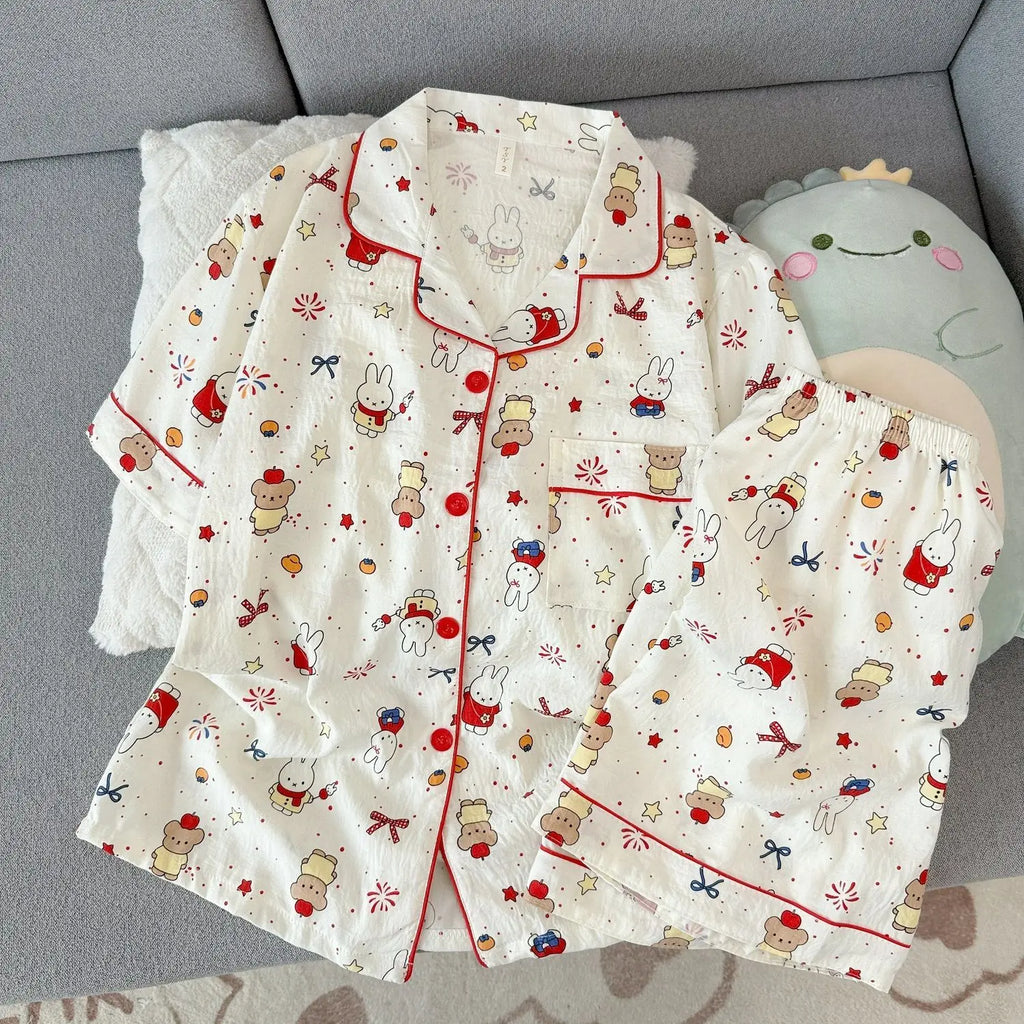 Miffy Women Pajamas Set Cute Summer Short Sleeve Shorts Comfortable Loose Homewear Soft Breathable Casual Loungewear Sleepwear