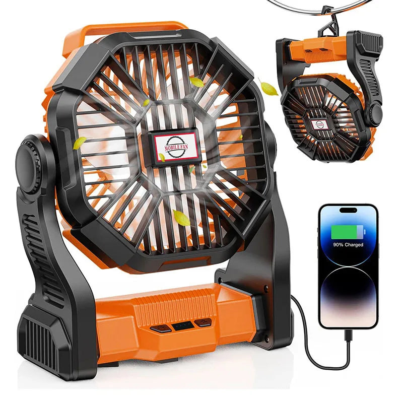 Camping Fan with LED Light, Rechargeable Tent Fan, Portable USB Fan, Quiet Operation, Battery Powered, Hook Design, for Outdoor