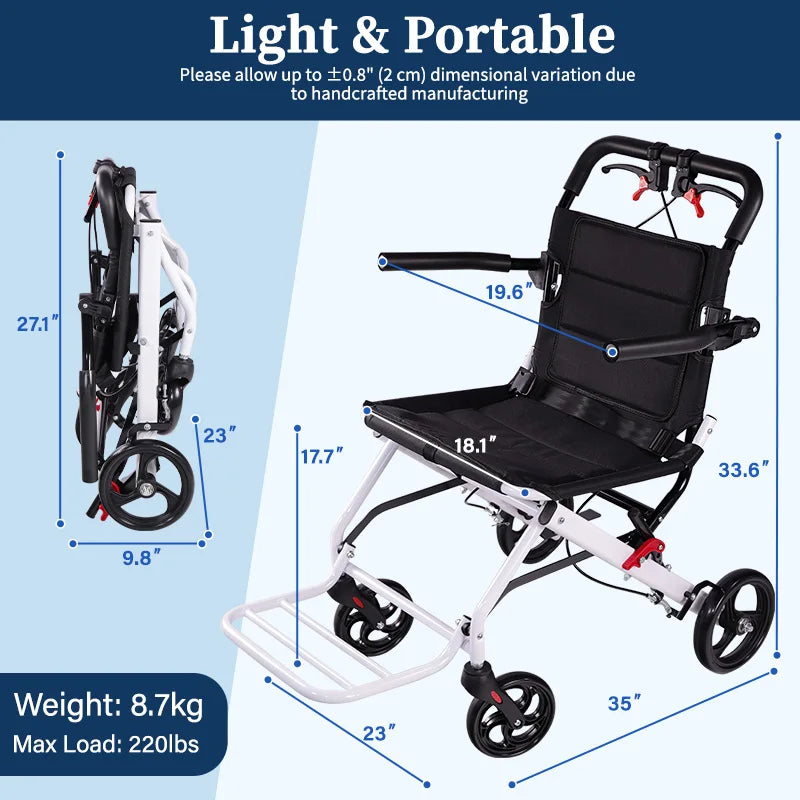 Lightweight Transport Wheelchair for Adults & Seniors, 19 lbs Foldable Travel Wheelchair with 18.1" Wide Seat