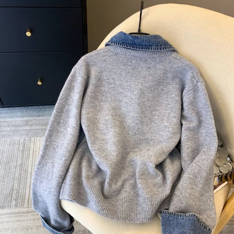 Chic Denim Collar Stitching Fake Two-piece Sweater Women's Cardigan New Single Breasted Knitted Jacket Coat Female Outwear