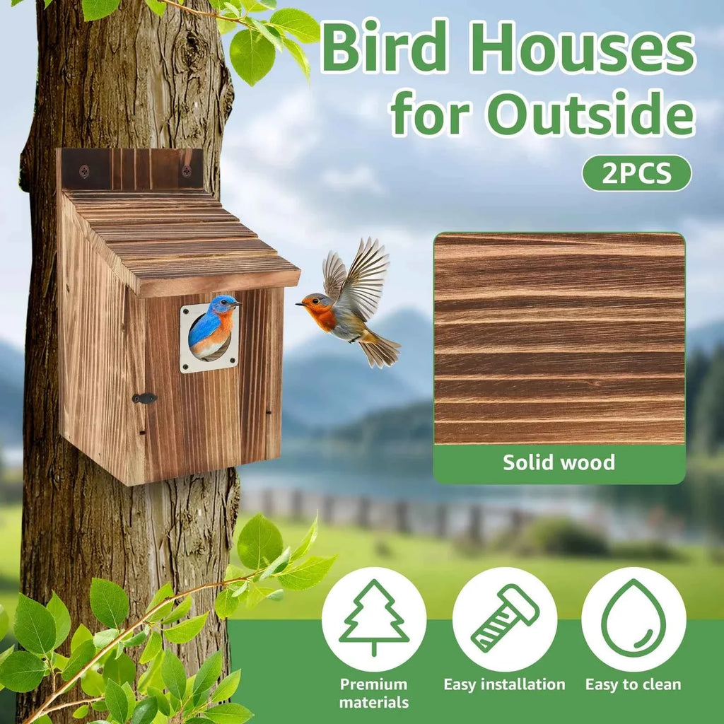 2Pcs Wooden Bird House Outdoor Weatherproof Parrot Bird Nest Breeding Sleeping Box Birdhouse Garden Patio Decorative