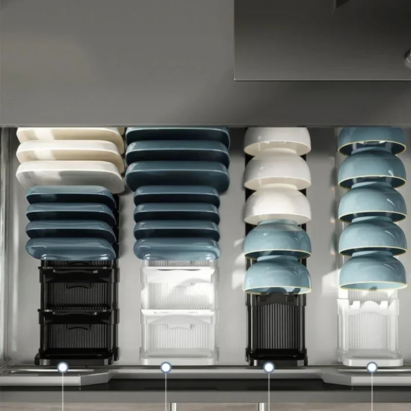 Kitchen Bowls Dish Storage Rack Adjustable Buckle Cabinet Drawer Storage Holder Dish Drain Rack Kitchen Drainage Storage Tools