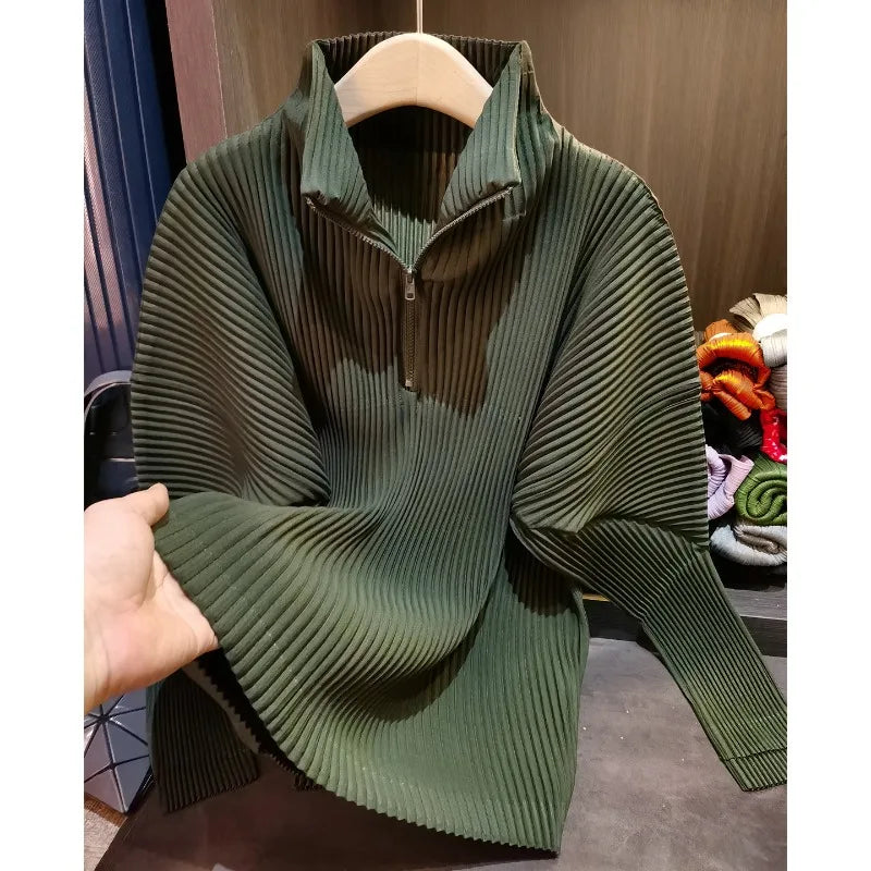 Miyake Pleated Sweatshirt Pit Stripe Zipper Standing Collar Jacket Women 2025 New Casual Pullover Hundred Pleat Skinny Tops