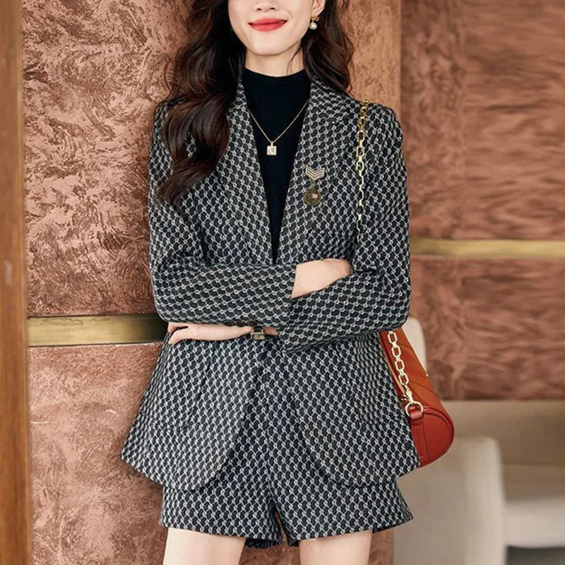 Autumn Winter Women's Elegant Fashion Printed Slim Blazers High Waist Shorts Set Ladies Long Sleeve Casual Coat Short Pants Suit