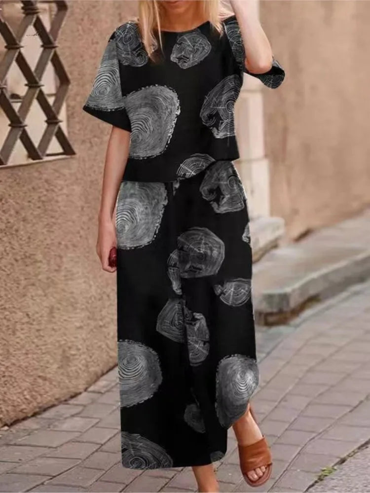 Autumn New Women's Fashion Printed Cotton Linen Plant Flower Three Sleeve Short Sleeved Casual Nine Piece Pants Two-piece Set