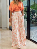 Solid Color V-neck Short Sleeved Floral Print Women's Wide Leg Pants High Street Fashion Daily Versatile Summer Set
