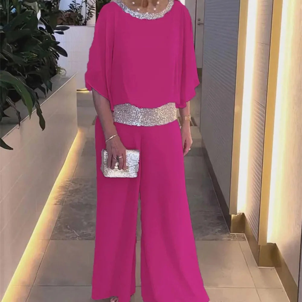 Women Sequined Patchwork Loose Batwing Blouse Pant Sets 2 pcs Sale Pink Loose Blouse&Wide Leg Loose Trousers Suits NMD-250310004