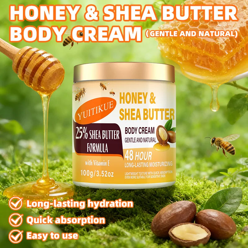 YUITIKUE 25% Shea Butter Body Cream 100g - 48H Moisturizer for Face, Body, Hands & Feet, Honey & Vitamin E, All-in-One Care