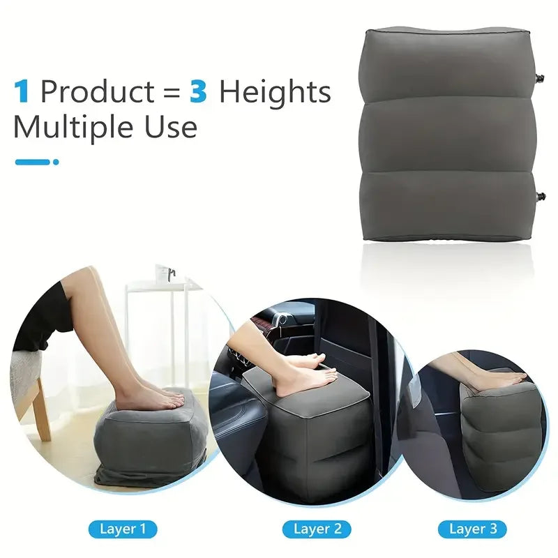Inflatable Travel Foot Rest Pillow,Adjustable 3-Layer Height, Portable Airplane Bed,Soft Leg Rest with Ergonomic Design