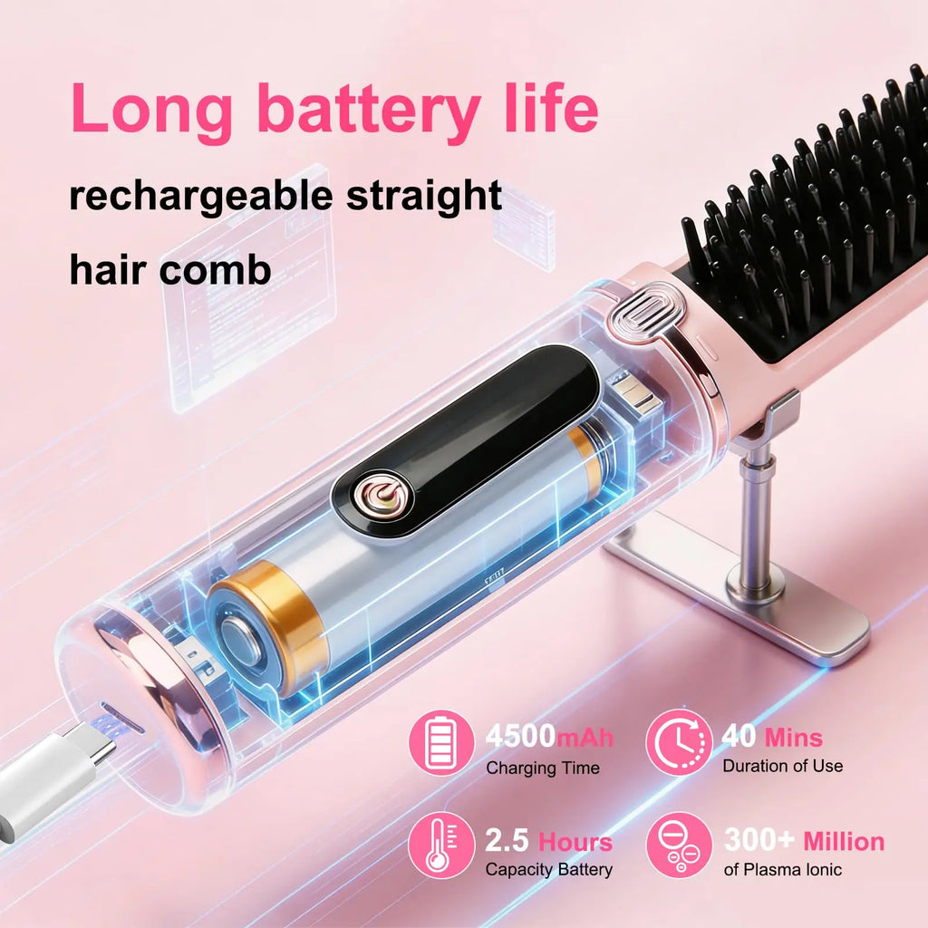 Cordless Hair Straightener Brush Portable Hot Brush with Ionic Technology Auto Shut-Off for Travel & Touch-Ups Ideal for Women