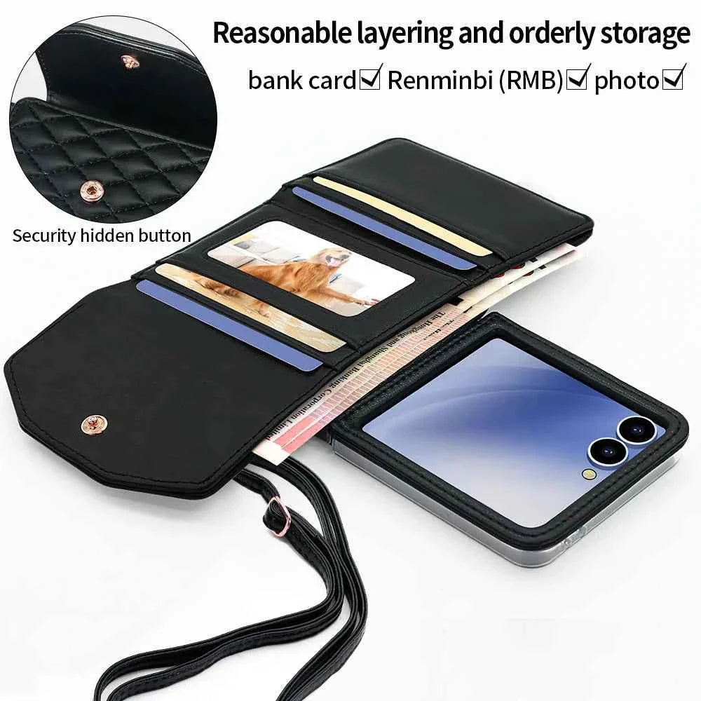 VIETAO Luxury Soft PU Leather Wallet Phone Case for Galaxy Z Flip 7/6/5/4/3 with Crossbody Strap - Durable Protective Cover