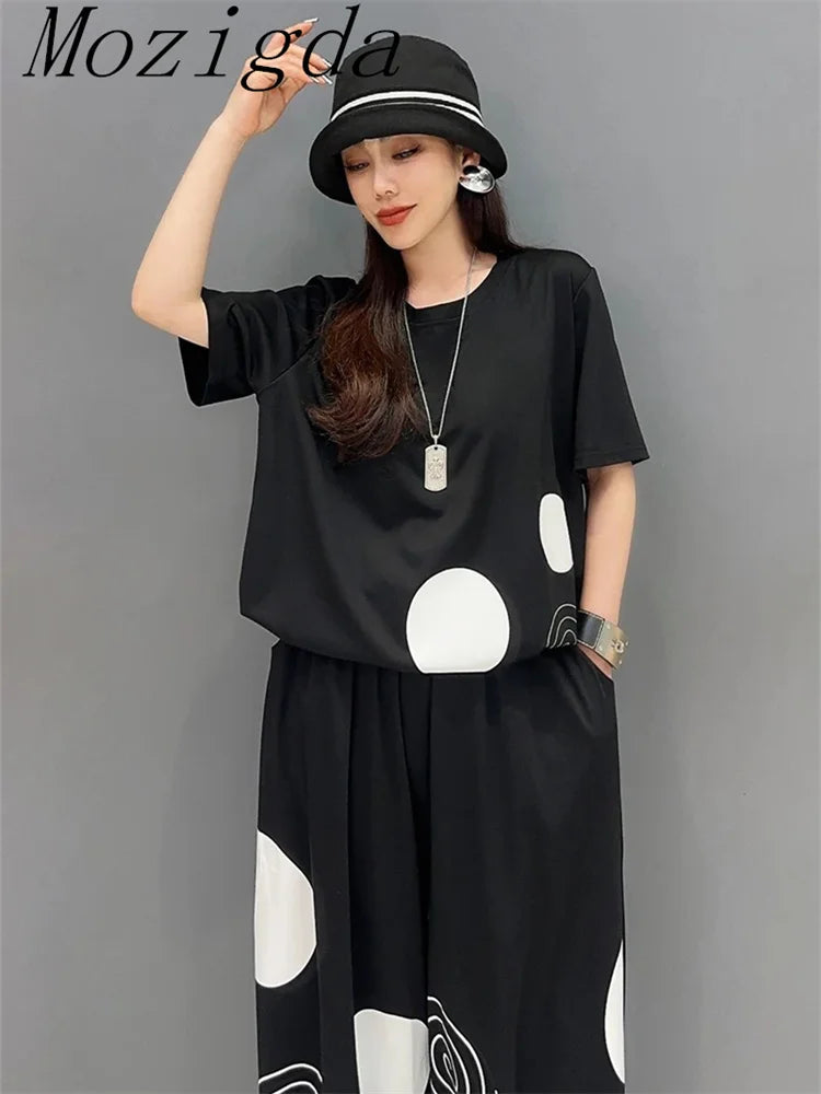 Polka Dot Striped Print 2 Two Piece Set Women Summer Casual Fashion Short Sleeve Ladies T-Shirts Loose Wide Leg Woman Pants