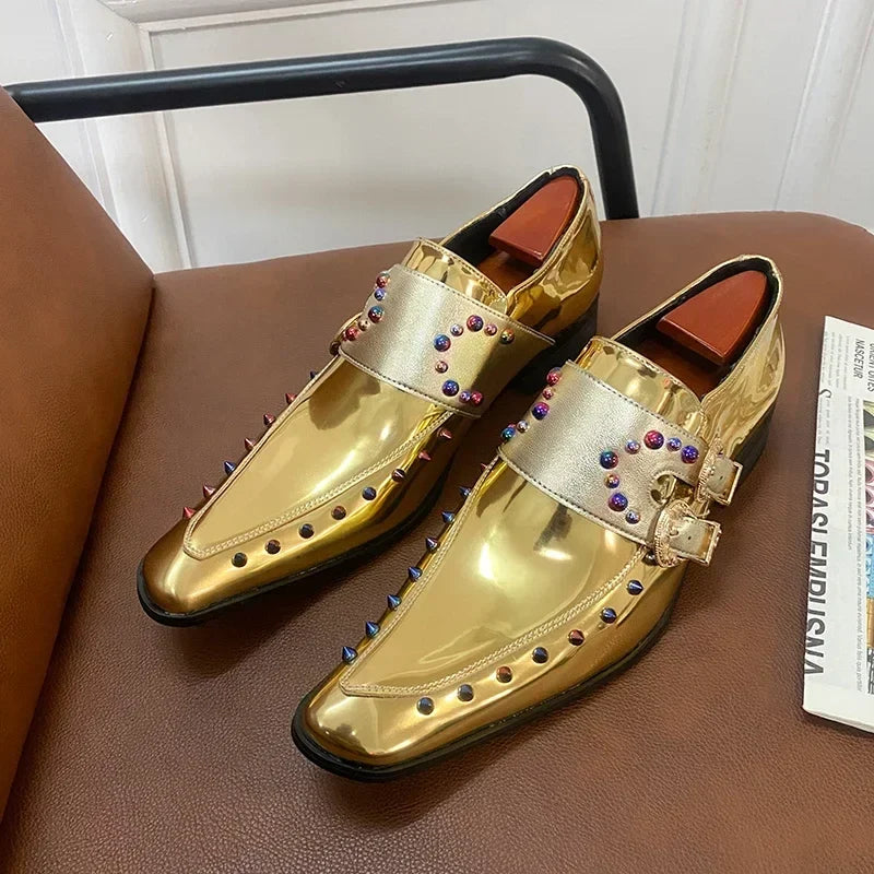 2026 New Gold Men Dress Shoes Rivet Breathable Square Toe Double Buckle Party Fashion Handmade Free Shipping Chelsea Men Loafers