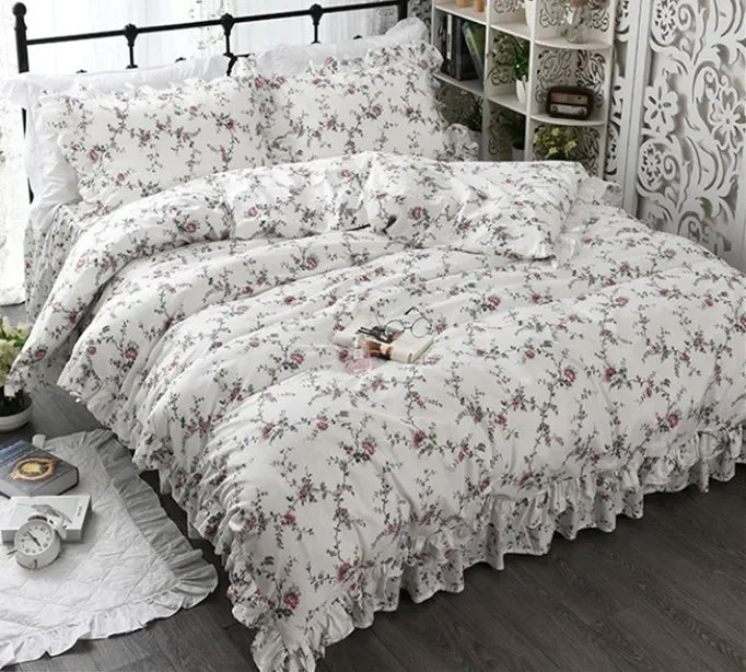 Garden Flower Print King Size Bedding Set Ruffle Duvet Cover Bed Sheet Princess Bed Linens Bedding Set Queen Comforter Sets
