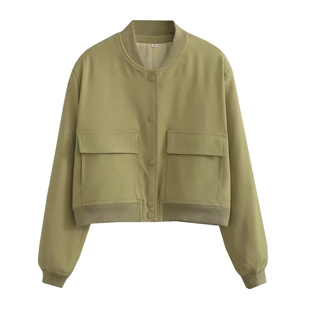 Women Fashion With Pockets Bomber Jacket Coats Vintage Long Sleeve Front Button Casual Female Outerwear Chic Tops