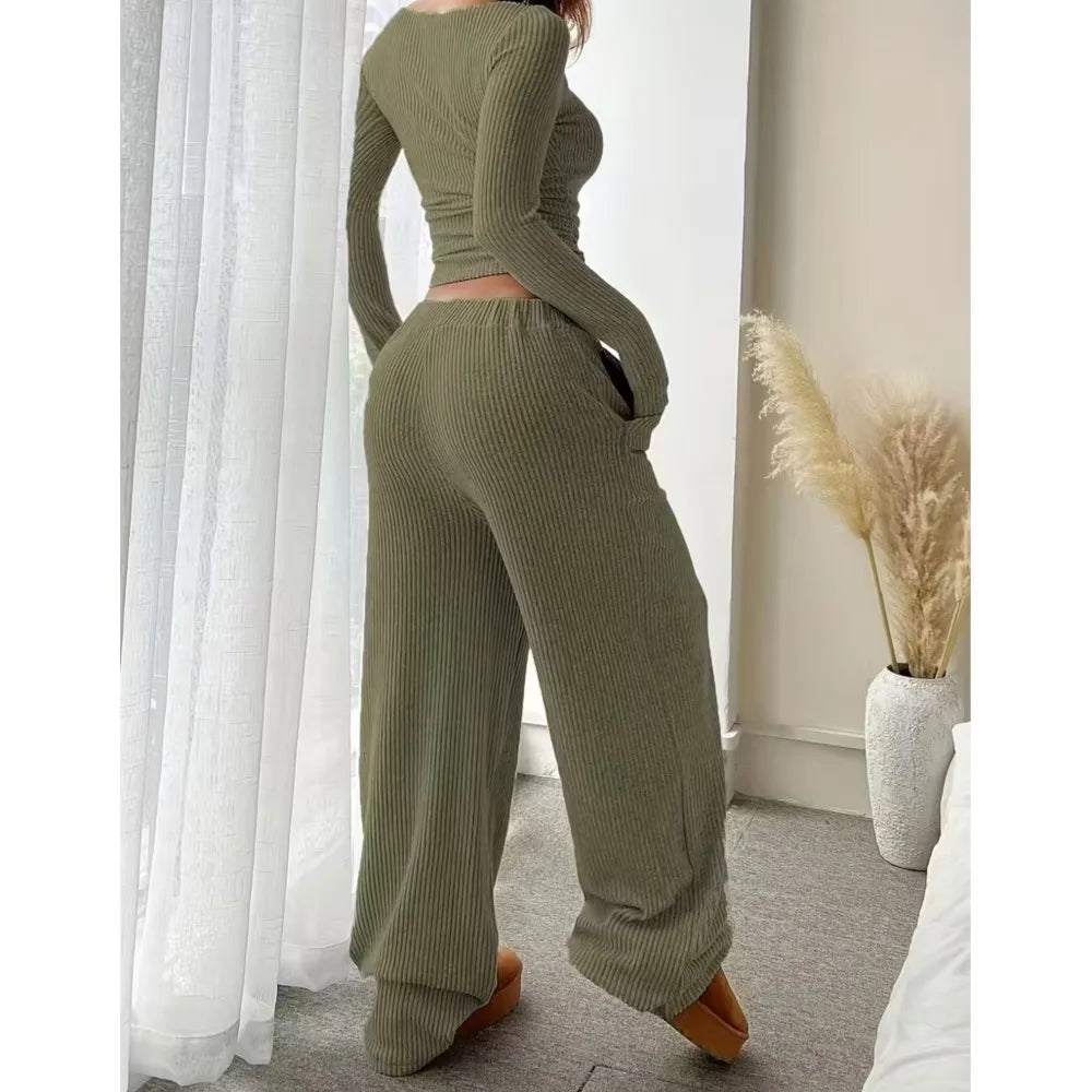 Fashion Knitted One-shoulder T-shirt Long-sleeved Women Trousers 2 Piece Set Autumn Casual Navel-baring Tops Home Wear Set Woman