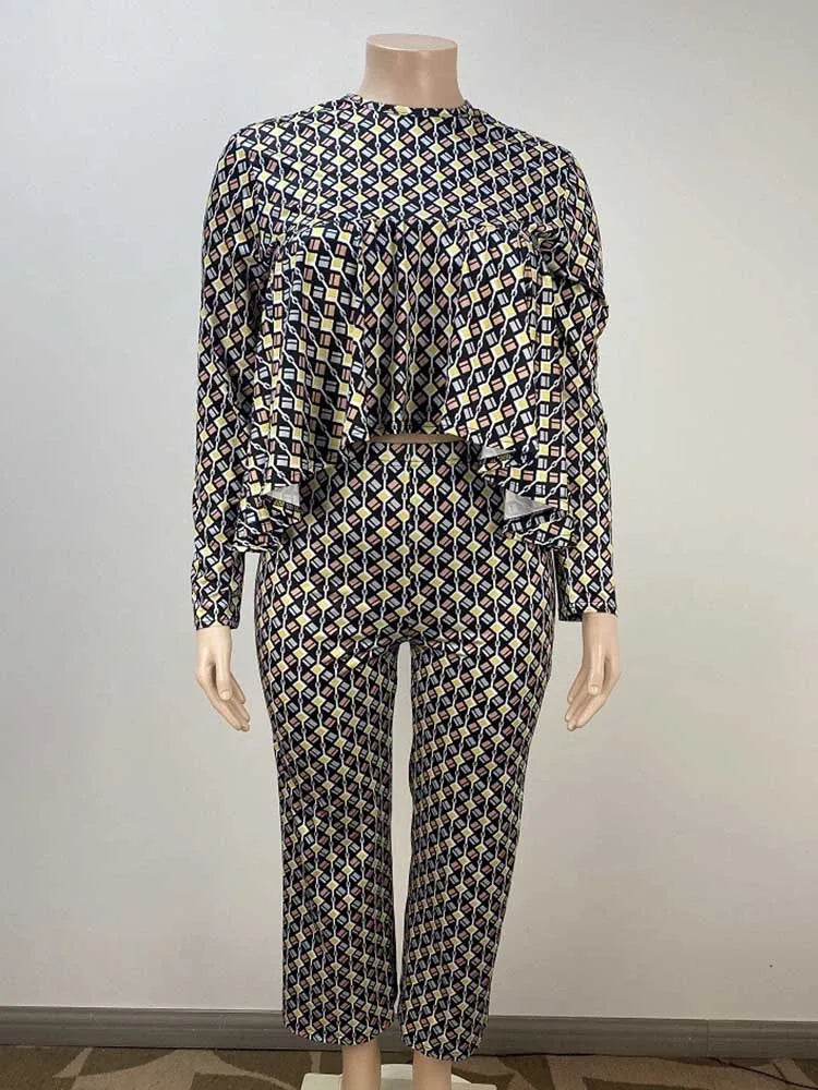 New in Matching Sets Autumn Long Sleeve Plus Size Women 2 Piece Sets Plaid Blouse and Pants Suits Elegant Lady Wear Outfits