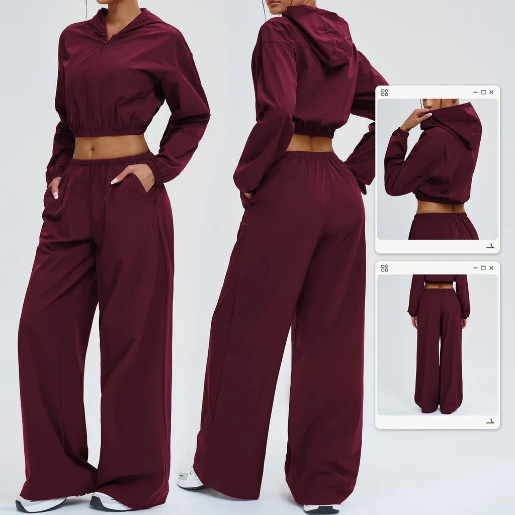 Sports sunscreen set Zipper windproof hooded sunscreen leisure outdoor 2 PCS Long Sleeved Loose sports riding Wide Leg Pants Set