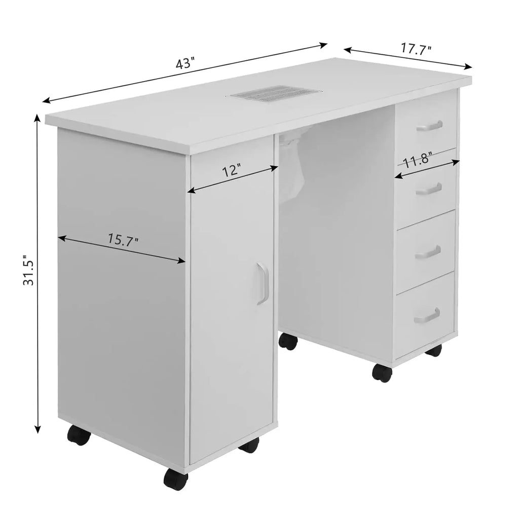 Manicure Nail Table, White Salon Desk with Dust Collector, 4 Drawers | Side Cabinet, Removable Drawers, Rolling, Customized