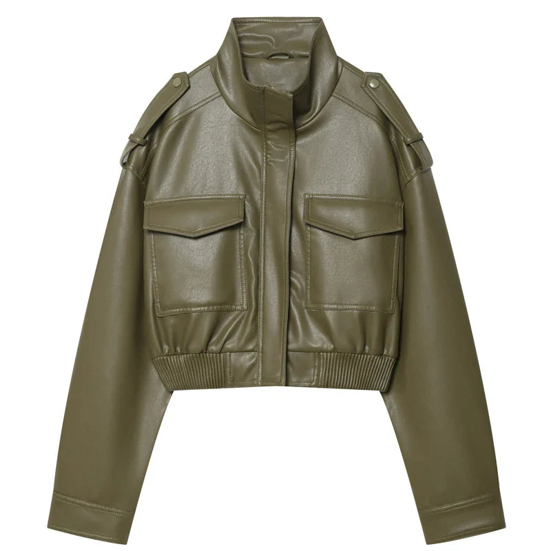 Women's Jacket Faux Leather Jacket Green Women's Demi-Season Jacket Outerwears Women's Autumn New In Coat Windbreaker Streetwear