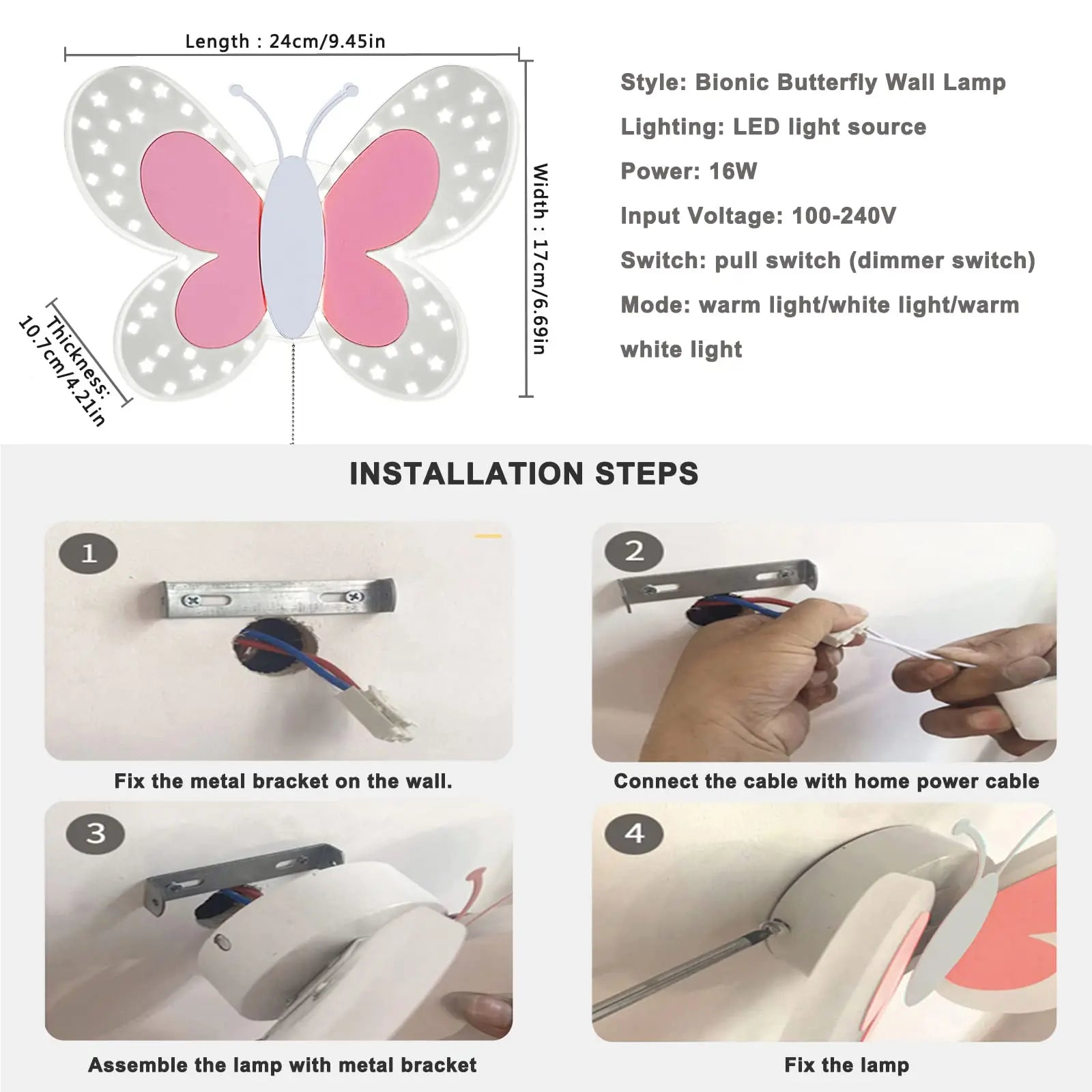 Creativity Butterfly Children's Room Wall Lamp Pink Pull Switch Wall Sconces Indoor Bedside Room Aisle Decorative Lights