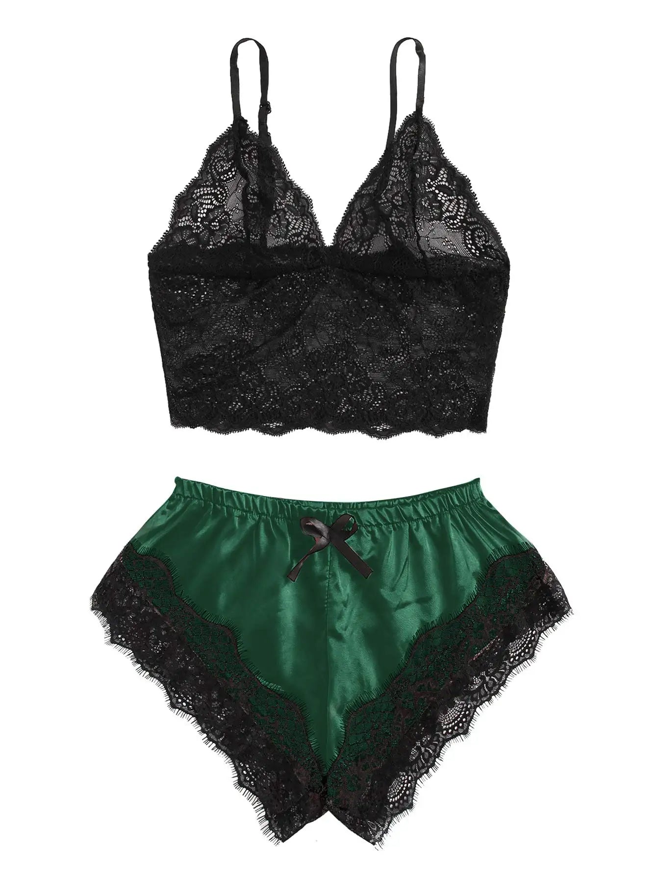 Women's 2 Piece Sexy Lace Pajama Set See-Through Bralette Cami Top and Shorts Breathable Sleepwear Plus Size Summer Lingerie
