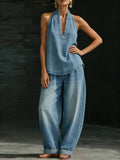 Women's Solid Color Denim 2 Piece Set Halter V-Neck Sleeveless Top High Waist Wide Leg Jeans Casual Vacation & Streetwear Outfit