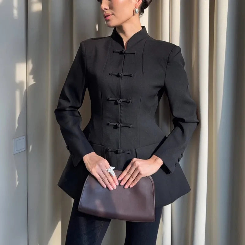 BJTZ Women Mandarin Collar Blazer Long Sleeve Frog Button Front Slim Fit Suit Jacket Casual Office Streetwear Elegant Outerwear