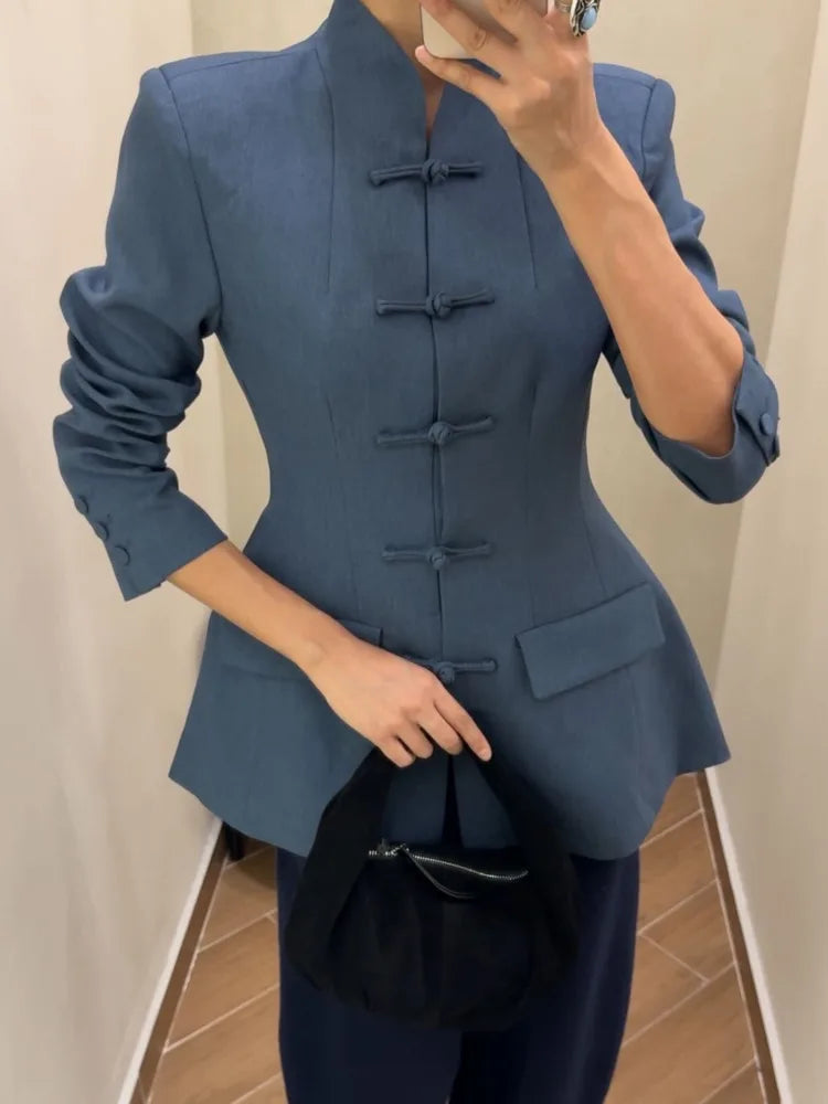 BJTZ Women Mandarin Collar Blazer Long Sleeve Frog Button Front Slim Fit Suit Jacket Casual Office Streetwear Elegant Outerwear