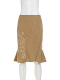 Trendix Women's Vintage Midi Skirt 2026 Summer High Waist Slim Ruffle Fishtail Skirts Party Side Slit Elegant Embroidery Skirt