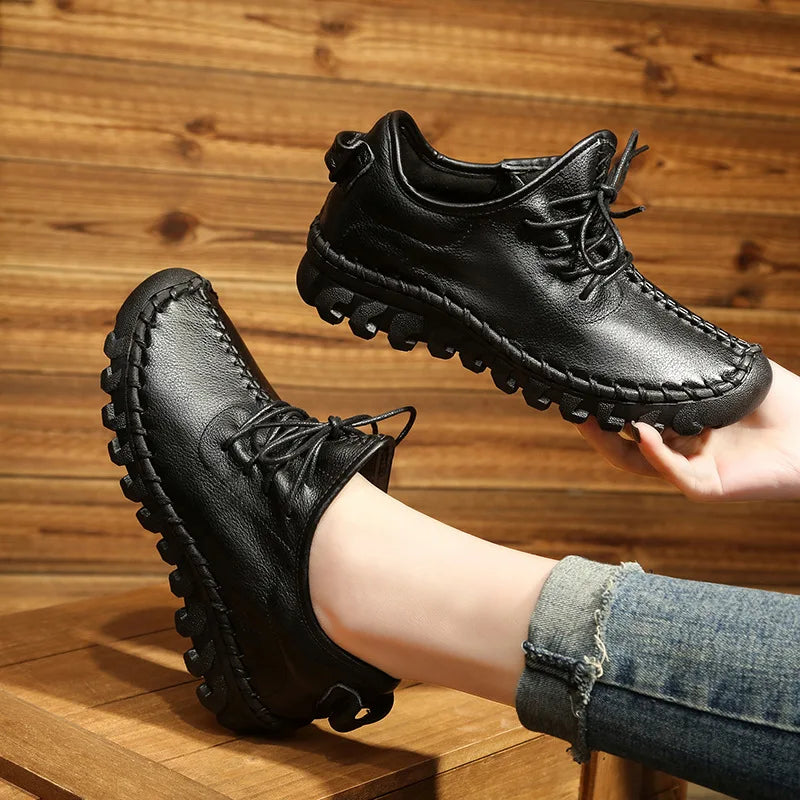Handmade Genuine Leather Women Shoes Fashion Casual Sneakers Retro Flats Ladies Lacing Loafers Breathable Vulcanized Shoes