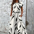 Plus Size Women's Black Leaf Print Short Sleeve Top + Maxi Skirt 2-Piece Set - Casual Daily Style (0XL-4XL)