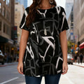 Western Style Plus Size Casual Black and White Abstract Print Loose Hip-Covering T-Shirt Versatile Style