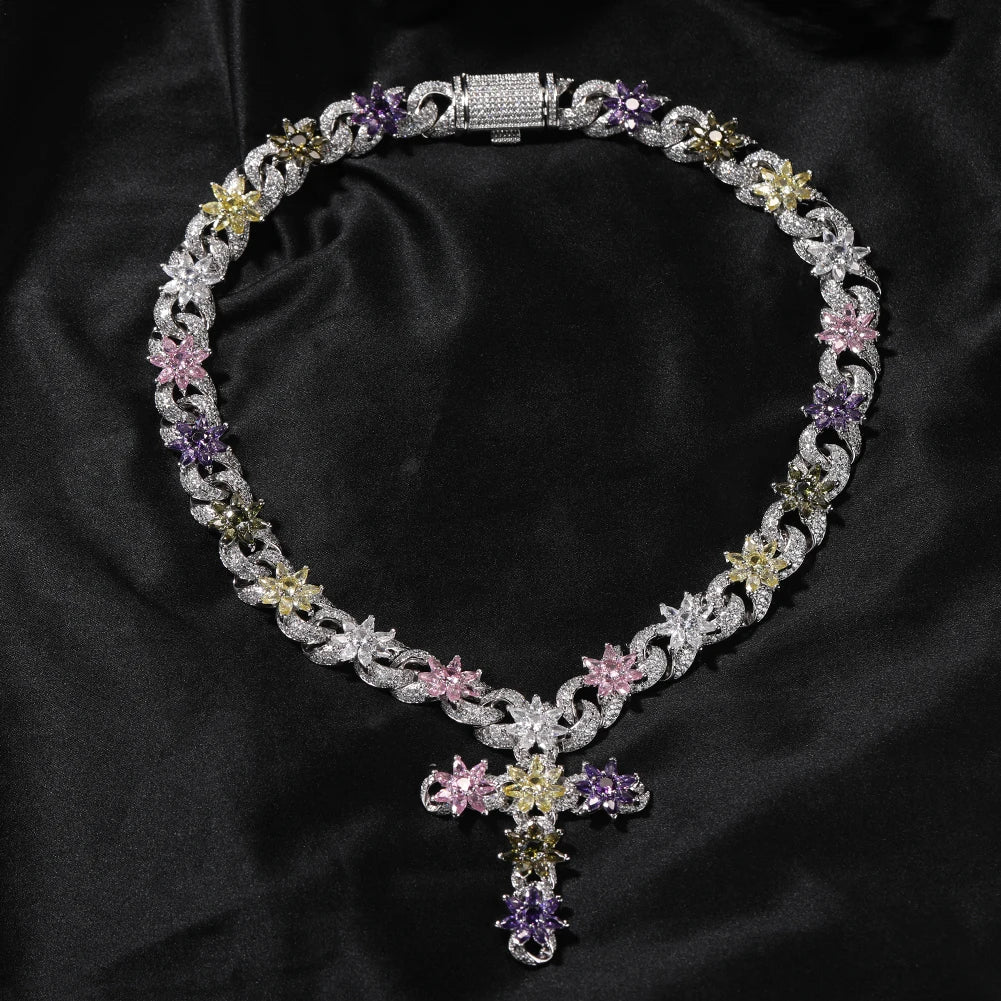 Colorful Flower Cuban Cross Chain