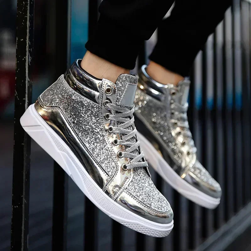 Men's Gold Sequins Platform Boots Autumn Fashion Casual Sports Shoes Thick Bottom Vulcanized Shoes Man Flats Heels Shoes Hombres
