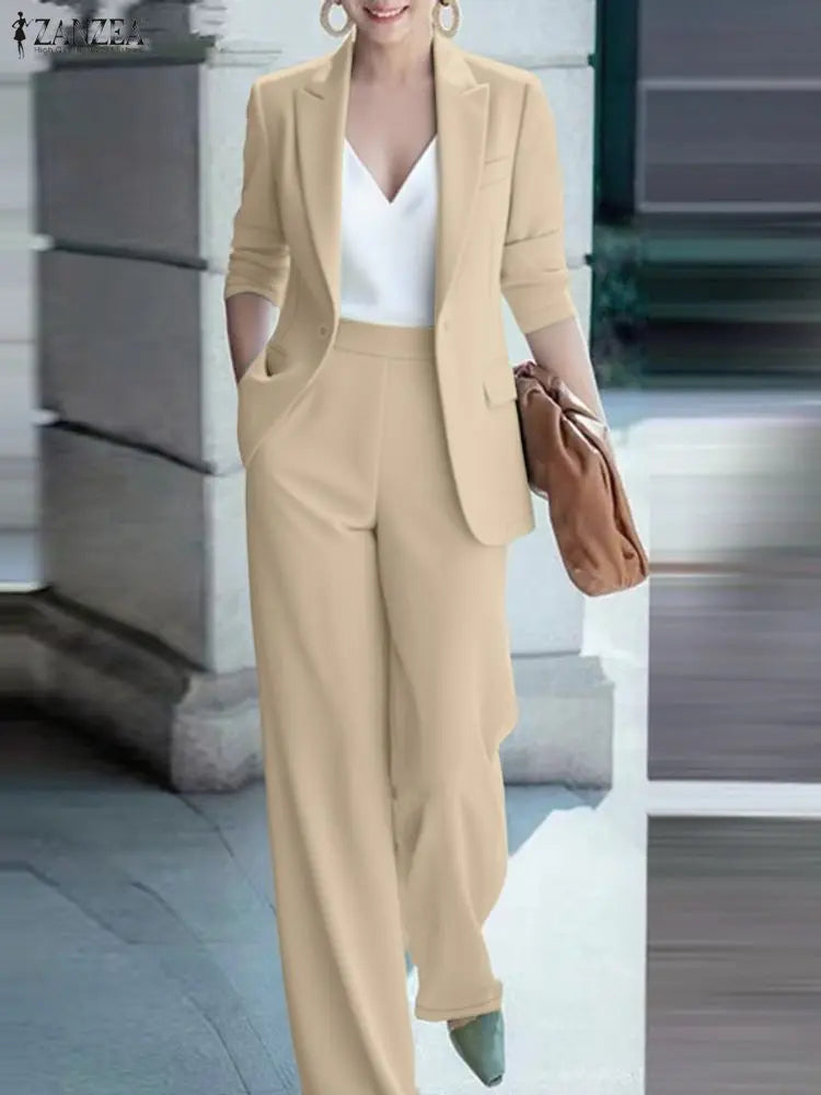 ZANZEA 2026 Spring Outfits Office Women 2 Piece Sets Stylish Lapel Long Sleeve Blazer Coats Pant Sets Elegant OL Work Tracksuit