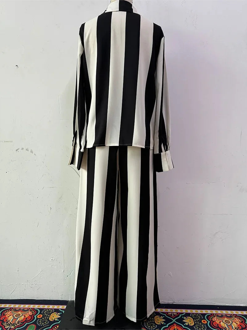 Women Two Pieces Set Striped Long Sleeve Turn Down Collar Shirts Button Wide Leg Pants Suits Regular Elegant Office Lady 2025