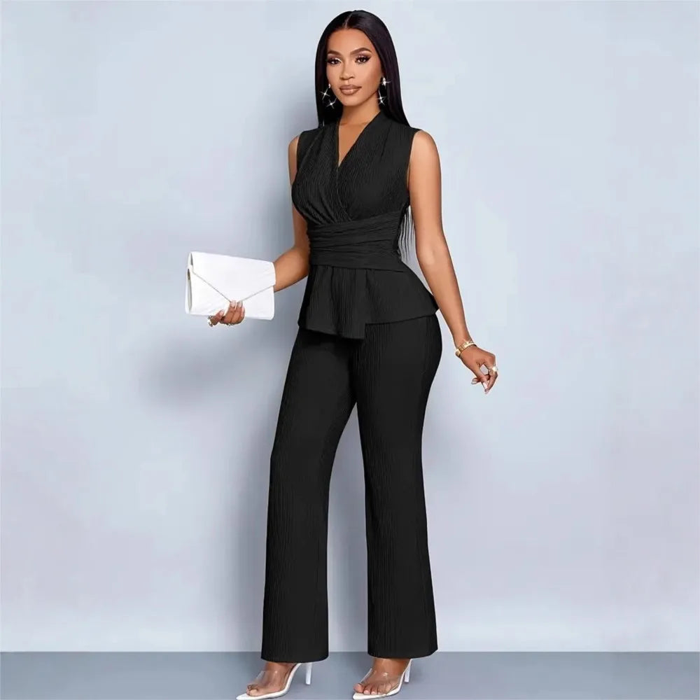 New Spring Summer Women's Trousers Two-piece Elegant Slim V-neck Sleeveless Irregular T-shirt Wide-leg Pants Office 2-piece Set
