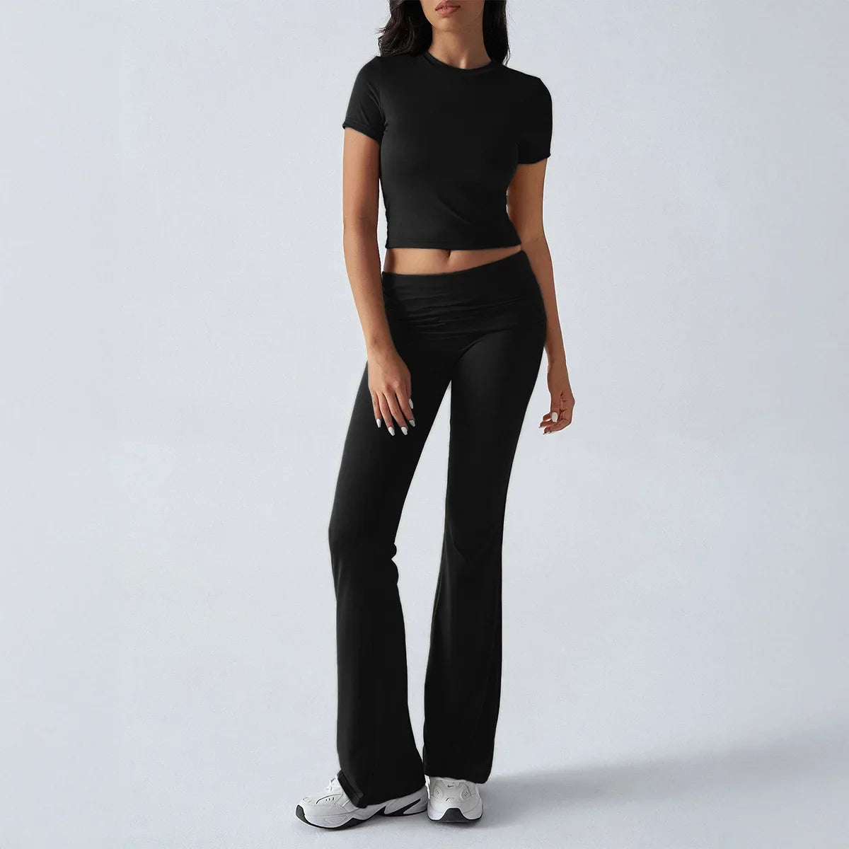 Women Casual Bodycon Two Pieces Set Short Sleeve Crop Top Slim High Waist Running Tracksuit Suit Summer Pants Outfit 2PCS