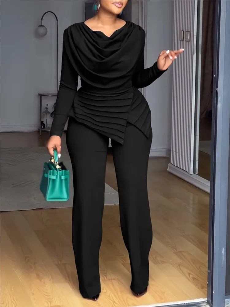 Fashion Solid Set For Women Casual Long Sleeve Pile Collar Slim Tops+High Waist Wide Leg Pants 2 Piece Sets Lady Office Clothes