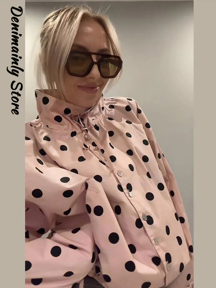 Casual Polka Dot Drawstring Jacket Women Lace Up Stand Collar Full Sleeve Single Breast Jacket 2026 Spring Lady Commute Coat New