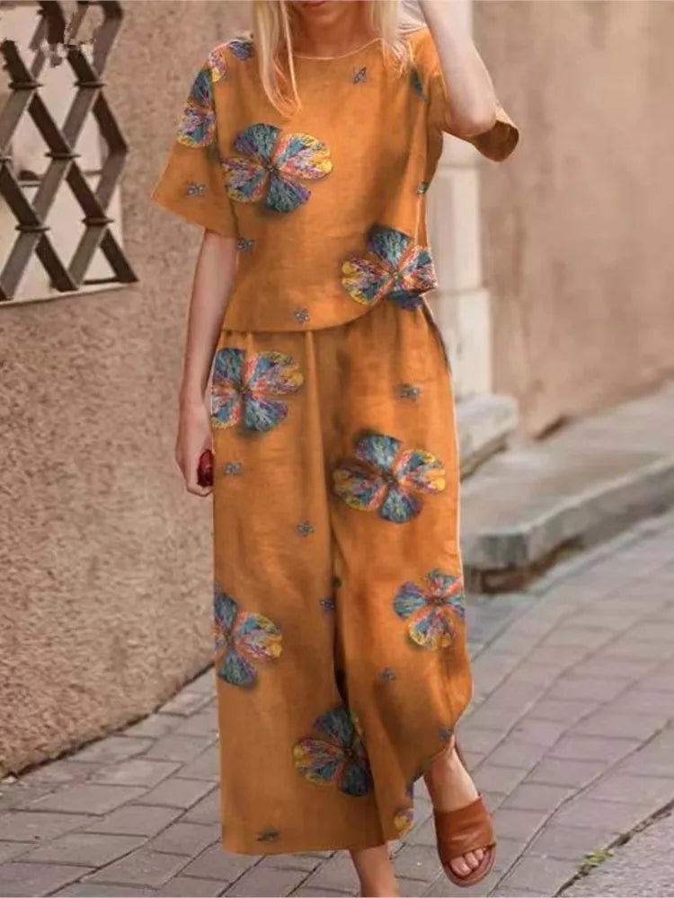 Autumn New Women's Fashion Printed Cotton Linen Plant Flower Three Sleeve Short Sleeved Casual Nine Piece Pants Two-piece Set