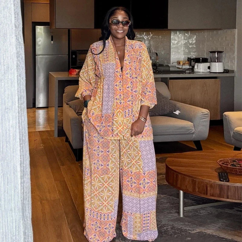 Elegant African Fashion Vintage Ethnic Printed Women Two Piece Set V Neck Long Sleeve Loose Top And Wide Leg Pants Set